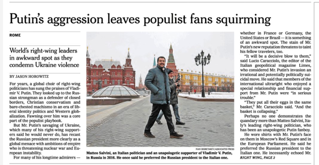 Il New York Times sbatte Salvini e i legami con Putin in prima pagina, il leghista: "Tutte sciocchezze"