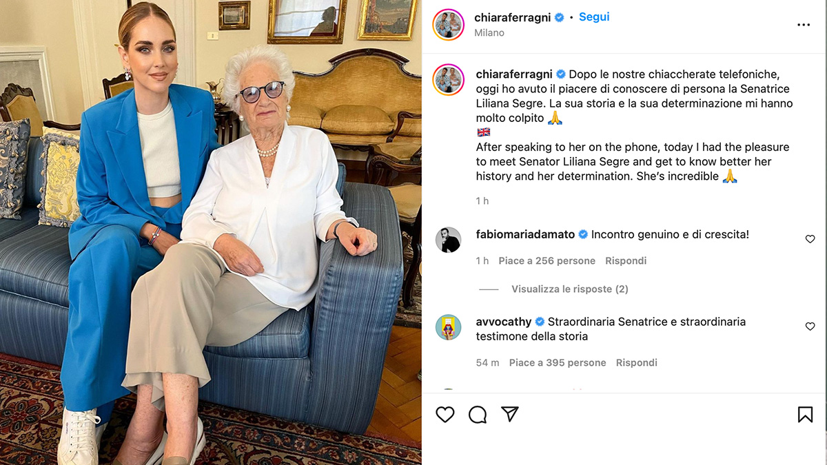 Chiara Ferragni ospite in casa di Liliana Segre: "La sua storia mi ha molto colpito"