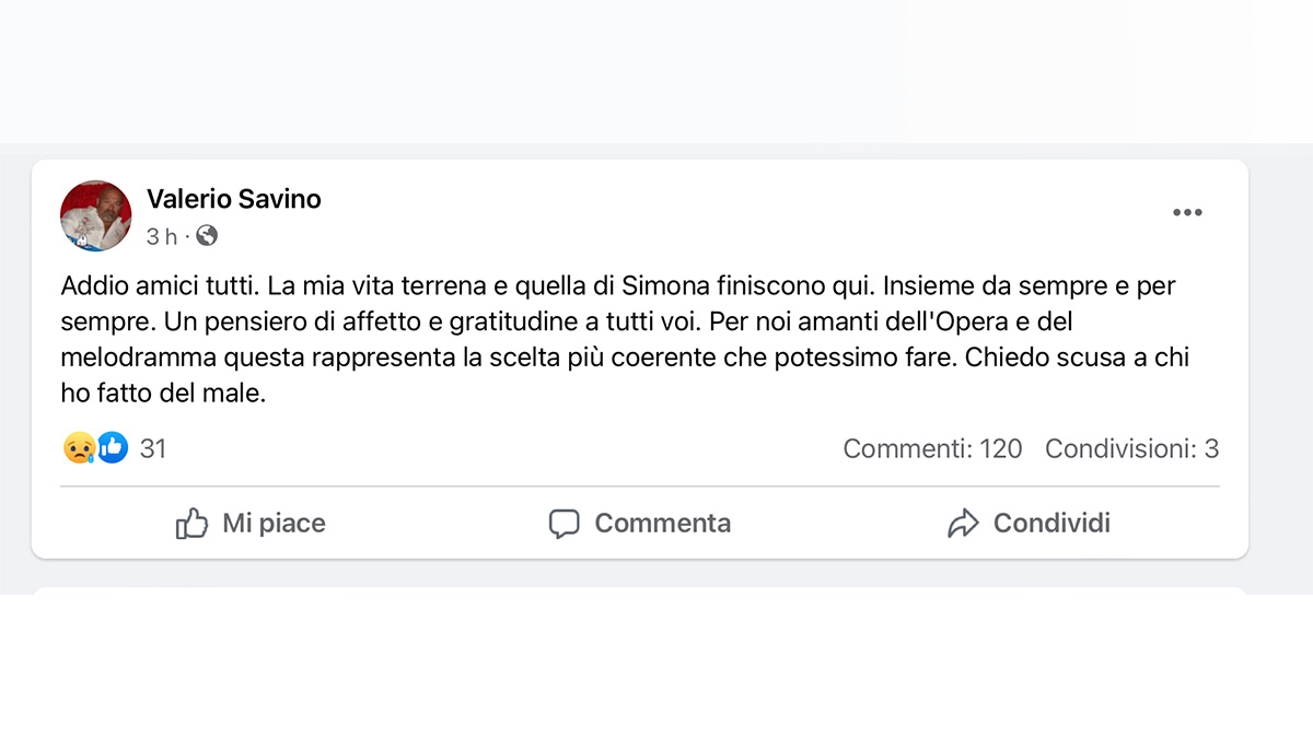 Omicidio-suicidio, l'uomo aveva annunciato su Fb le sue intenzioni: "Da amanti del melodramma è giusto così..."